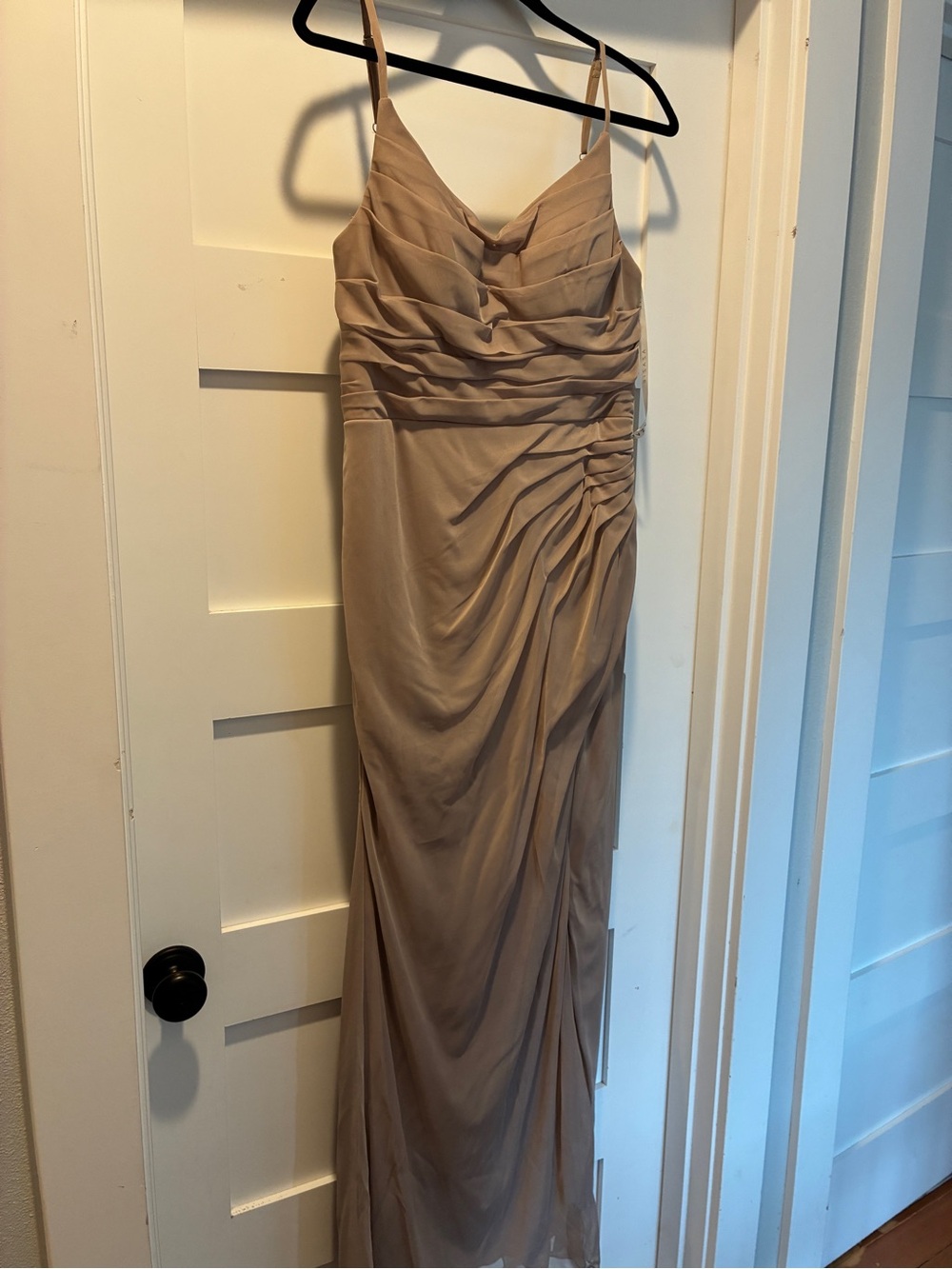 Azazie Beige Ruched Maxi Dress with Spaghetti Straps